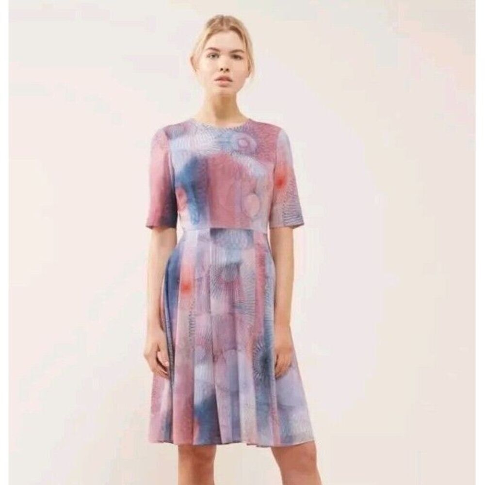 Jigsaw Pleated Silk Purple Pink Dress Multicolor Art Watercolor Silk size‎ 6
